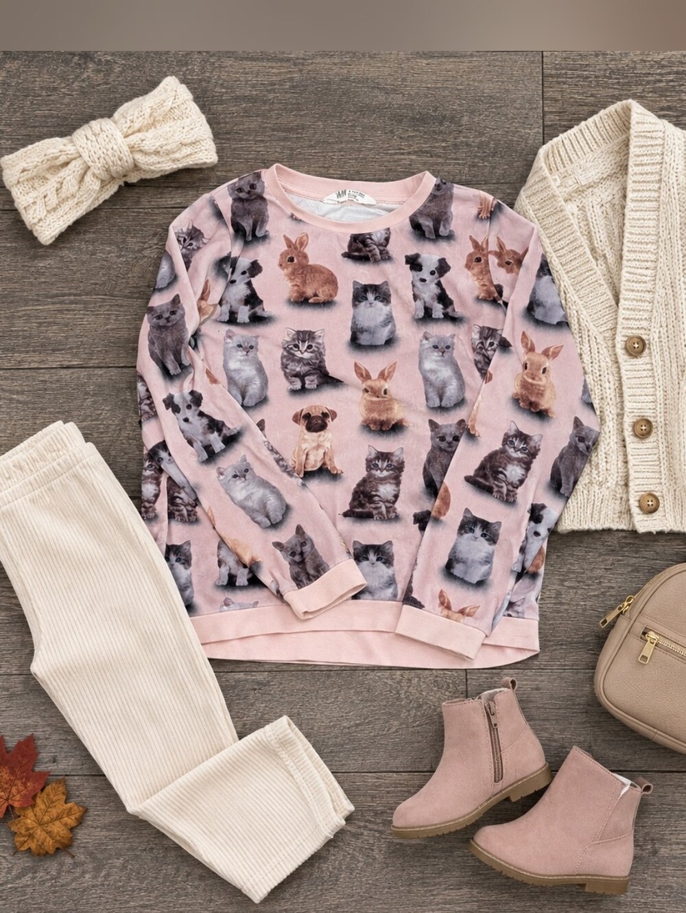 H&M Kids Velvet Pink Small Pets Print Long Sleeve Shirt